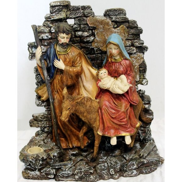 Nativity Mary Joseph Jesus Holy Family Scene Taper Candle Holder Sculpture Stone - Picture 1 of 12